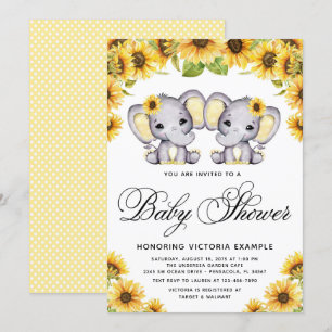 Invitation Fête de naissance Fille Jumeaux Éléphant Tournesol
