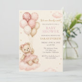 Invitation Fête de naissance Fille Ourson Rose (Debout devant)