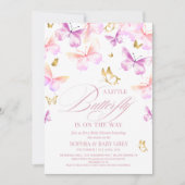 Invitation Fête de naissance fille papillon rose et or (Devant)