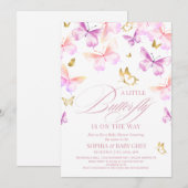 Invitation Fête de naissance fille papillon rose et or (Devant / Derrière)