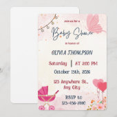 Invitation Fête de naissance fille Papillon Rose et Poussette (Devant / Derrière)