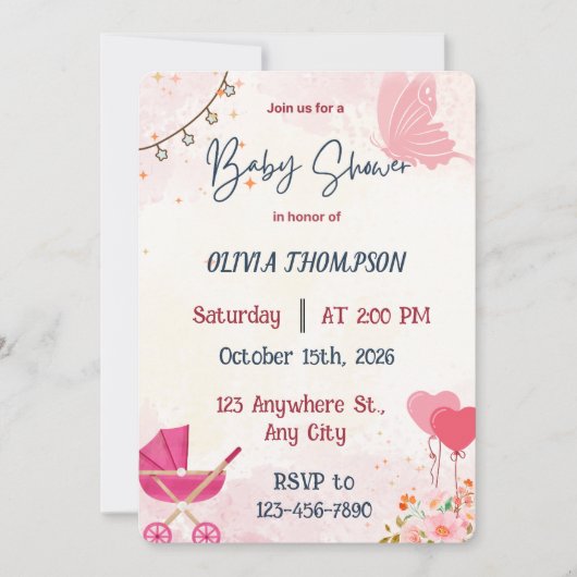 Invitation Fête de naissance fille Papillon Rose et Poussette (Devant)