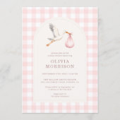 Invitation Fête de naissance Fille Rose Gingham Cigogne (Devant)