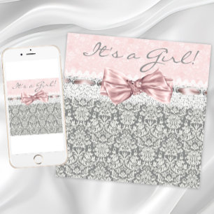 Invitation Fête de naissance fille rose gris