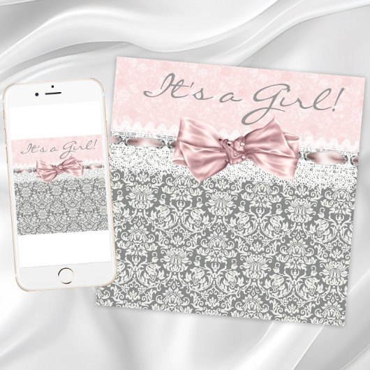 Invitation Fête de naissance fille rose gris