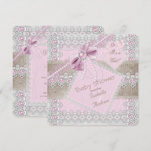 Invitation Fête de naissance fille Rose Perle Arc Bow Lace Bu (Devant / Derrière)