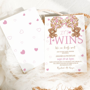 Invitation Fête de naissance Filles Jumelles Ours Rose Ballon