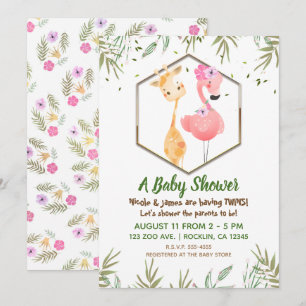 Invitation Fête de naissance Flamingo & Girafe aquarelle trop