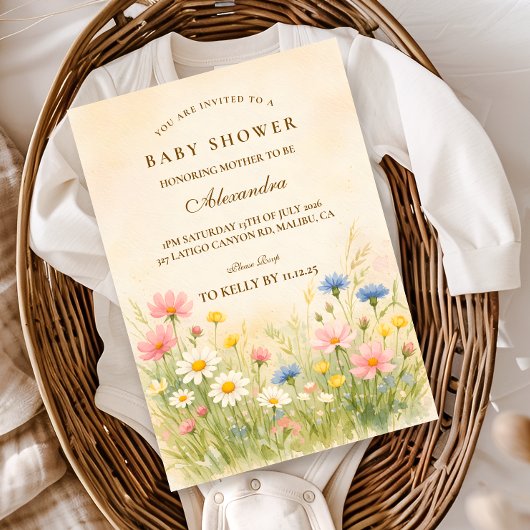 Invitation Fête de Naissance Fleur des Champs Or