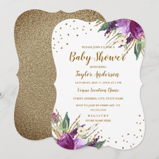 Invitation Fête de naissance Fleur Or Violet Aquarelle (Devant / Derrière)