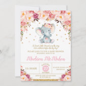 Invitation Fête de Naissance Fleur Rose Eléphant Fille (Devant)