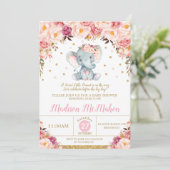 Invitation Fête de Naissance Fleur Rose Eléphant Fille (Debout devant)