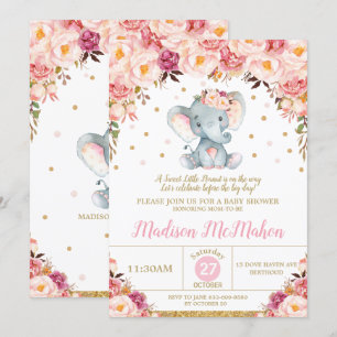 Invitation Fête de Naissance Fleur Rose Eléphant Fille