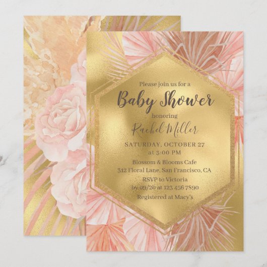 Invitation Fête de Naissance Fleur Tropicale Or Rose (Devant / Derrière)