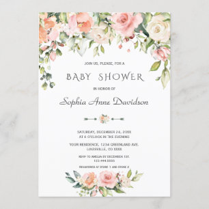 Invitation Fête de naissance Fleurs aquarelle Crème Rose Char