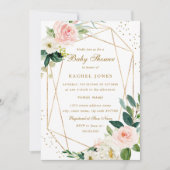 Invitation Fête de naissance fleurs géométriques rose et or (Devant)