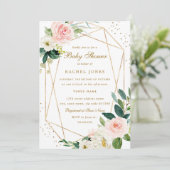 Invitation Fête de naissance fleurs géométriques rose et or (Debout devant)