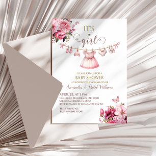 Invitation Fête de naissance Fleurs roses vintage C'est une f