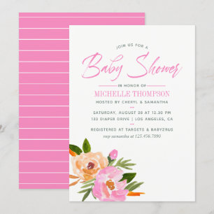 Invitation Fête de naissance fleurs sauvages aquarelle rose