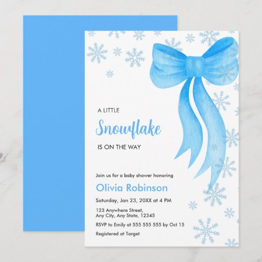 Invitation Fête de naissance flocon de neige petit arc bleu h (Devant / Derrière)