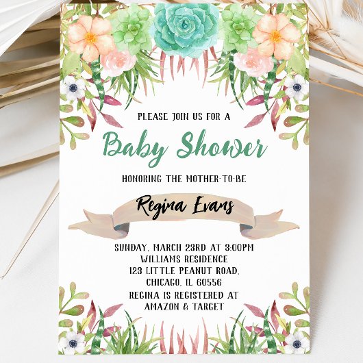 Invitation Fête de naissance Floral Cactus Bébé