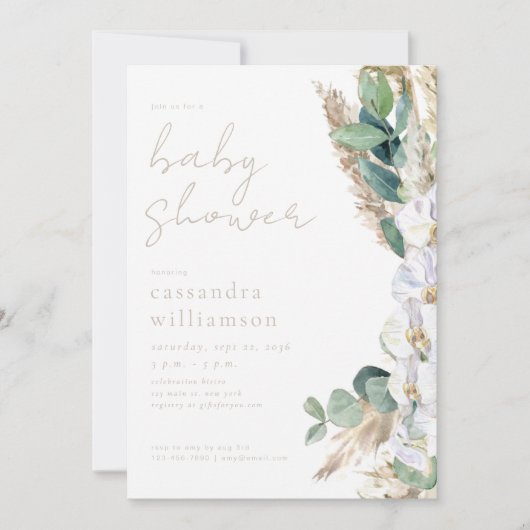 Invitation Fête de naissance florale boho Herbe des Pampas (Devant)
