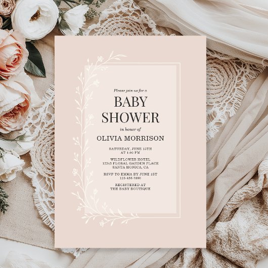 Invitation Fête de naissance florale botanique rose tendre