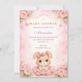 Invitation Fête de naissance florale de lapin rose (Devant)