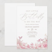 Invitation Fête de naissance florale Papillon Rose (Devant / Derrière)