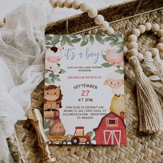 Invitation Fête de naissance garçon animaux de ferme Boho Mig