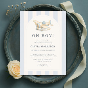 Invitation Fête de Naissance Garçon Bébé Rayé Bleu Avion Oh B