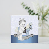 Invitation Fête de naissance garçon cheval à bascule bleu (Debout devant)