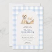 Invitation Fête de Naissance Garçon Chien Bleu Gingham (Devant)