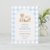 Invitation Fête de Naissance Garçon Chien Bleu Gingham (Debout devant)
