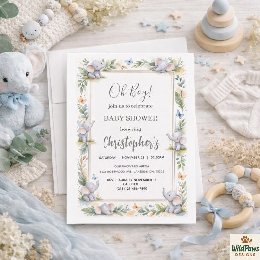 Invitation Fête de naissance garçon éléphant aquarelle – Safa