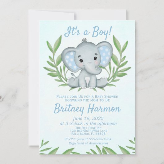 Invitation Fête de naissance garçon éléphant de verdure moder (Devant)