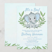Invitation Fête de naissance garçon éléphant de verdure moder (Devant / Derrière)