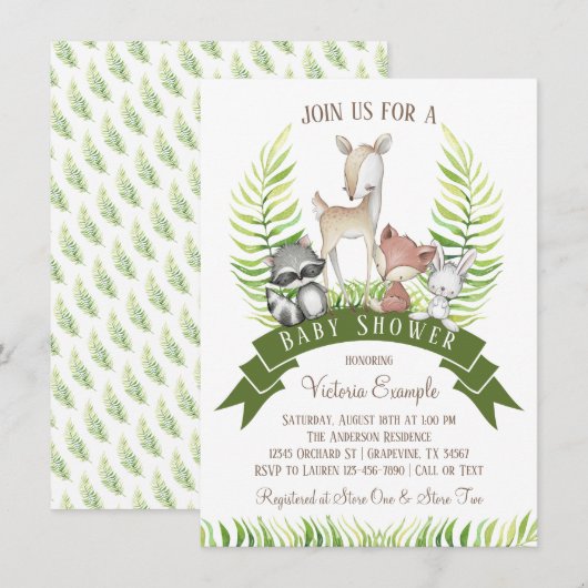 Invitation Fête de naissance garçon forêt animaux verdure (Devant / Derrière)