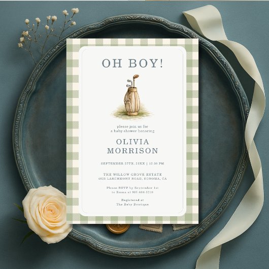 Invitation Fête de Naissance Garçon Gingham Vert Sauge Golf