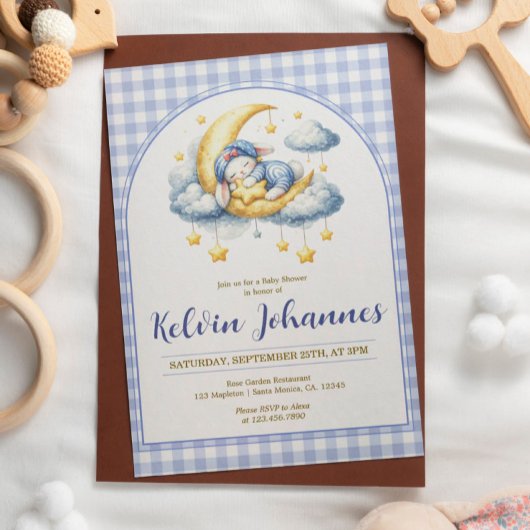 Invitation Fête de naissance Garçon Lune Étoile Gingham Bleu