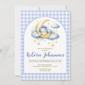 Invitation Fête de naissance Garçon Lune Étoile Gingham Bleu (Devant)