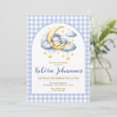 Invitation Fête de naissance Garçon Lune Étoile Gingham Bleu (Debout devant)
