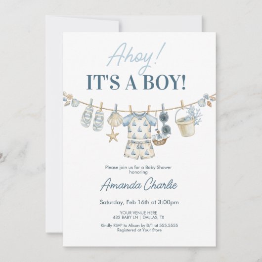 Invitation Fête de naissance garçon nautique Ahoy (Devant)
