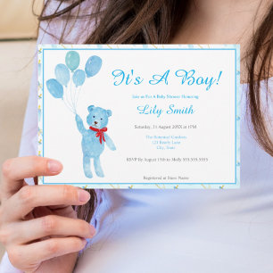 Invitation Fête de naissance garçon ours en peluche ballons a