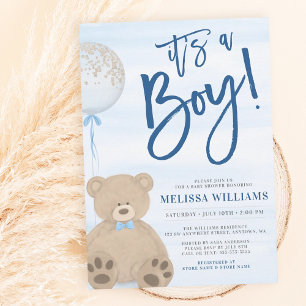 Invitation Fête de Naissance Garçon Ours en Peluche Bleu