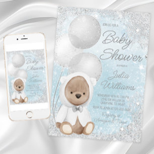 Invitation Fête de naissance garçon ours en peluche Hiver Mer