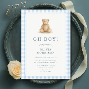 Invitation Fête de Naissance Garçon Ourson à Carreaux