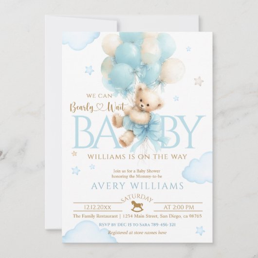Invitation Fête de naissance garçon ourson bleu (Devant)