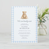 Invitation Fête de naissance garçon Ourson Bleu Gingham (Debout devant)