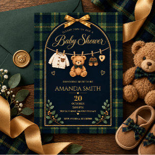 Invitation Fête de naissance garçon Ourson carreaux tartan
